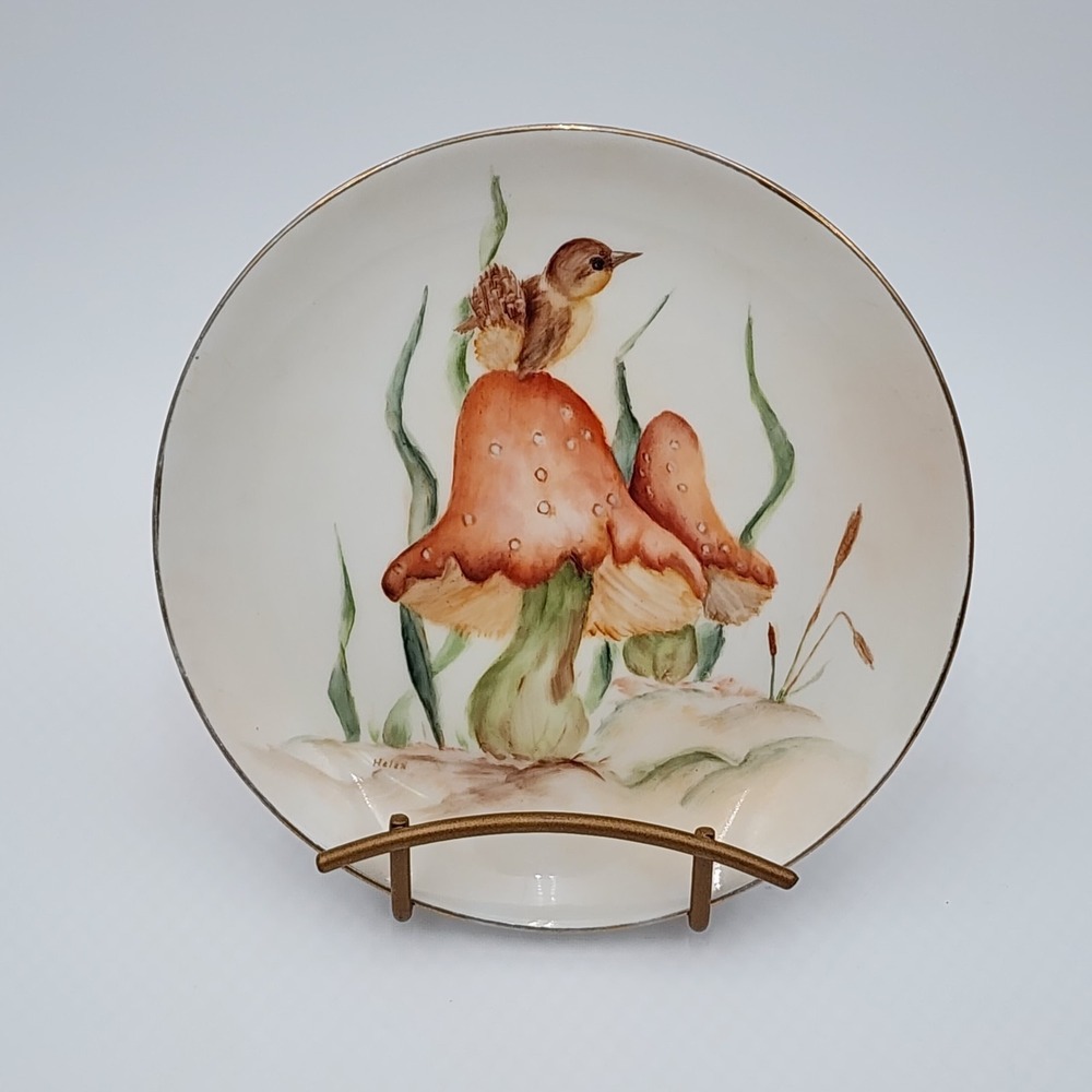 Vintage 1970s Hand Painted Mushroom Plate Signed Cottagecore Fungi Decor